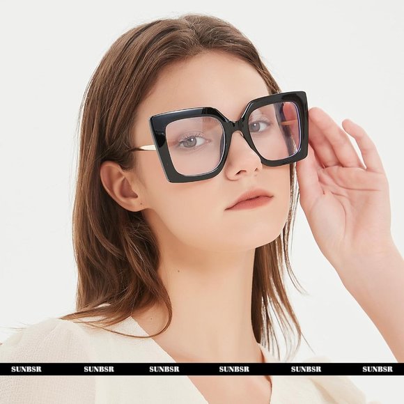 Women Black Grey Square Big Frame Blue Light Blocking Glasses - Picture 2 of 6